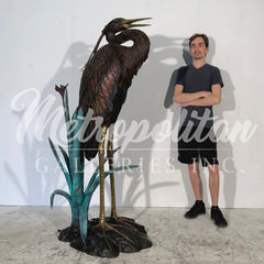 Heron Bird in Grass Fountain Bronze Statue