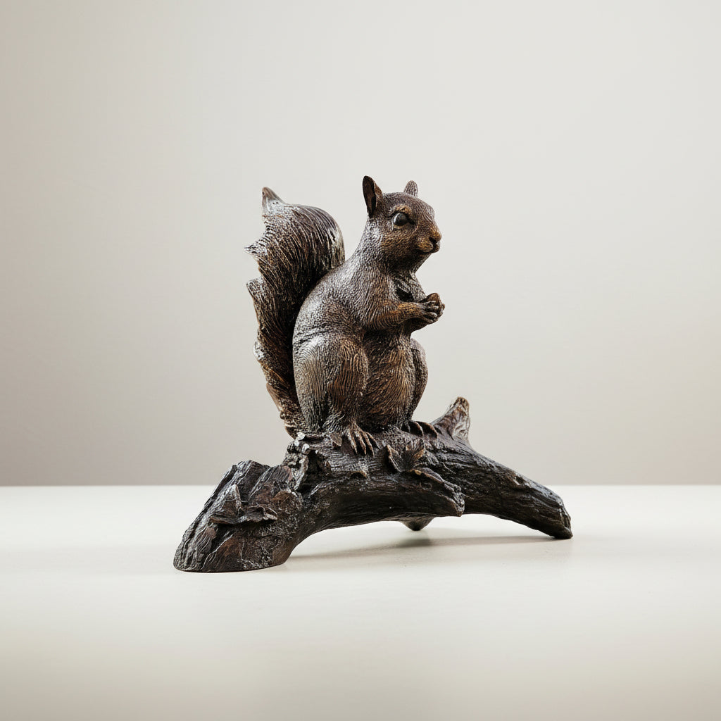 Squirrel on Log Table-top Bronze Statue