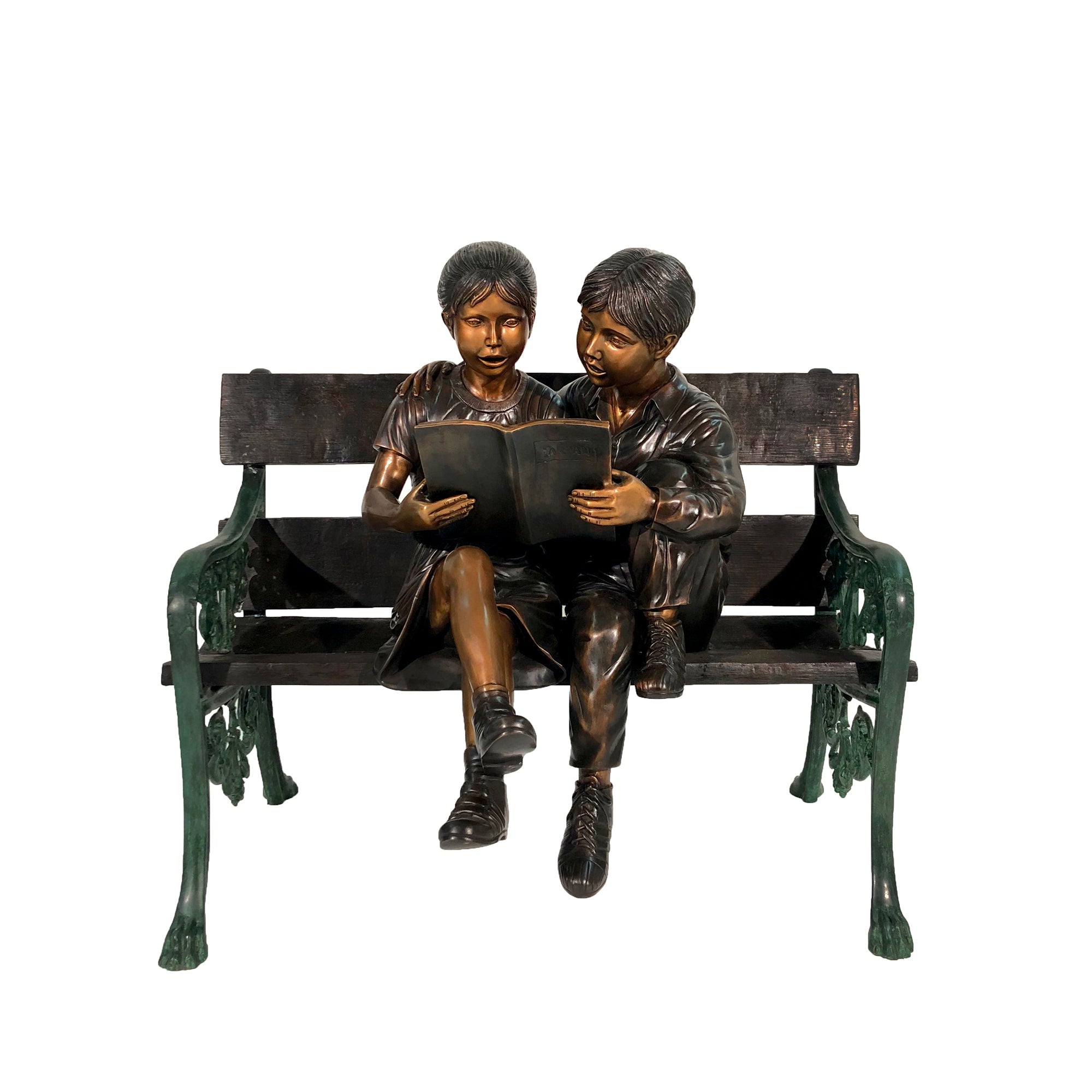 Boy & Girl Reading on Bench Bronze Statue