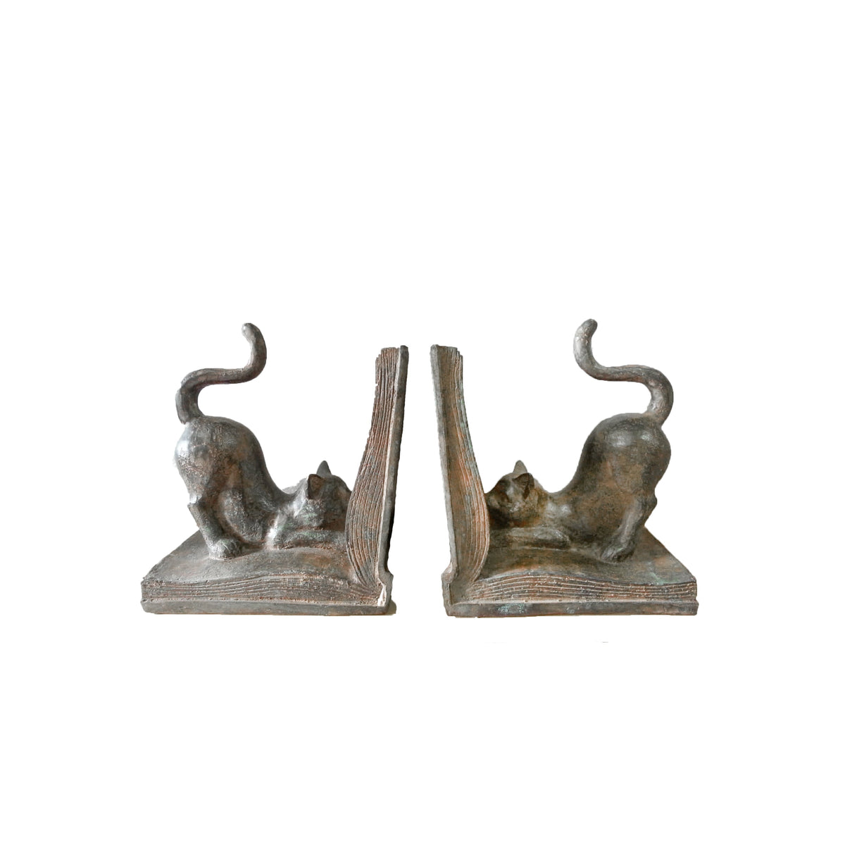 Cat Bookend Pair Bronze Statues - Tabletop Bookends Set