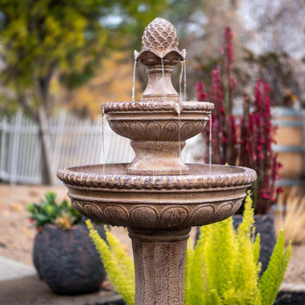 39 In. 2-Tier Outdoor Freestanding Solar Water Fountain - Classic Design, Sand Stone Resin Bird Bath with Pump