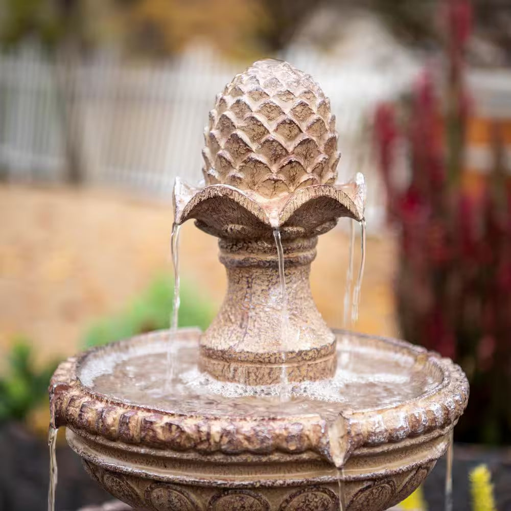 39 In. 2-Tier Outdoor Freestanding Solar Water Fountain - Classic Design, Sand Stone Resin Bird Bath with Pump