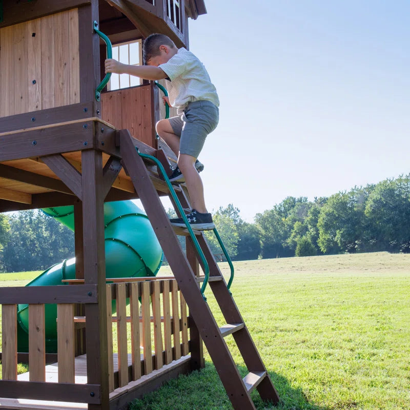 Skyfort II Cedar Wood Swing Set with Spiral Tube Slide, Clubhouse, Crow'S Nest, and Picnic Table