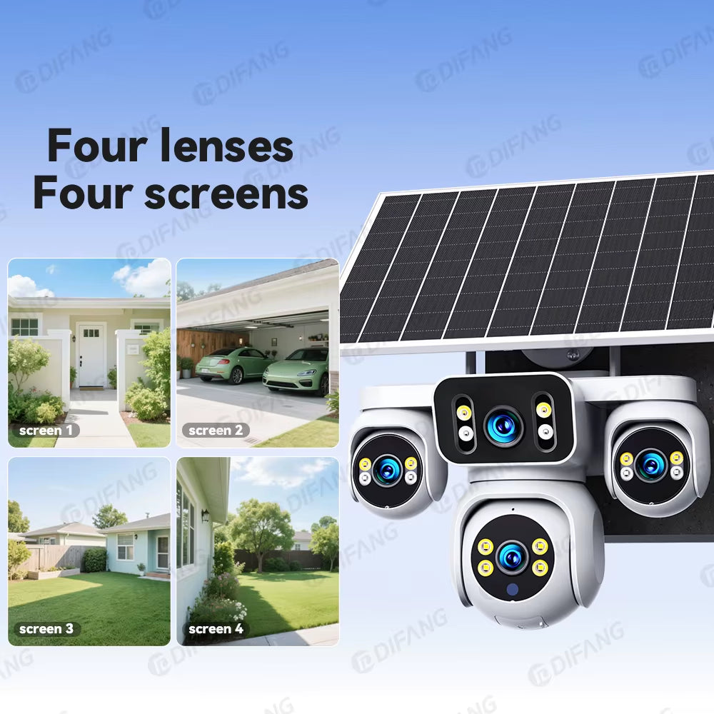 DIFANG 4 Screens AOV Wireless Solar Surveillance Camera 12X Zoom 24/7 Record Solar CCTV 20MP 20W 4G Sim Card Solar IP Cam