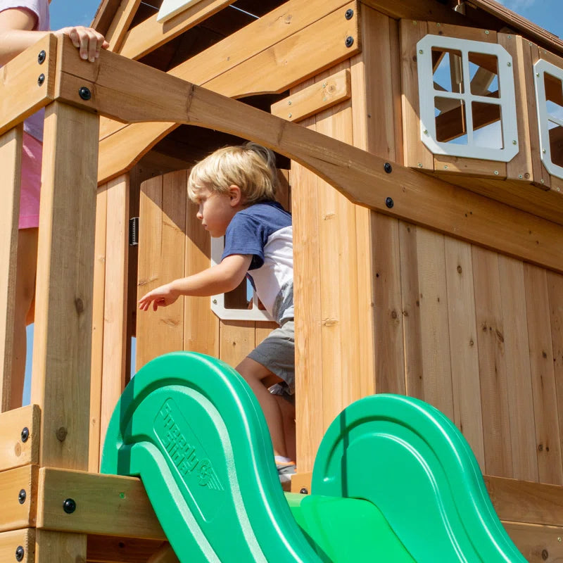 Montpelier Cedar Wood Swing Set with Wave Slide, Clubhouse, Monkey Bars, and Picnic Area