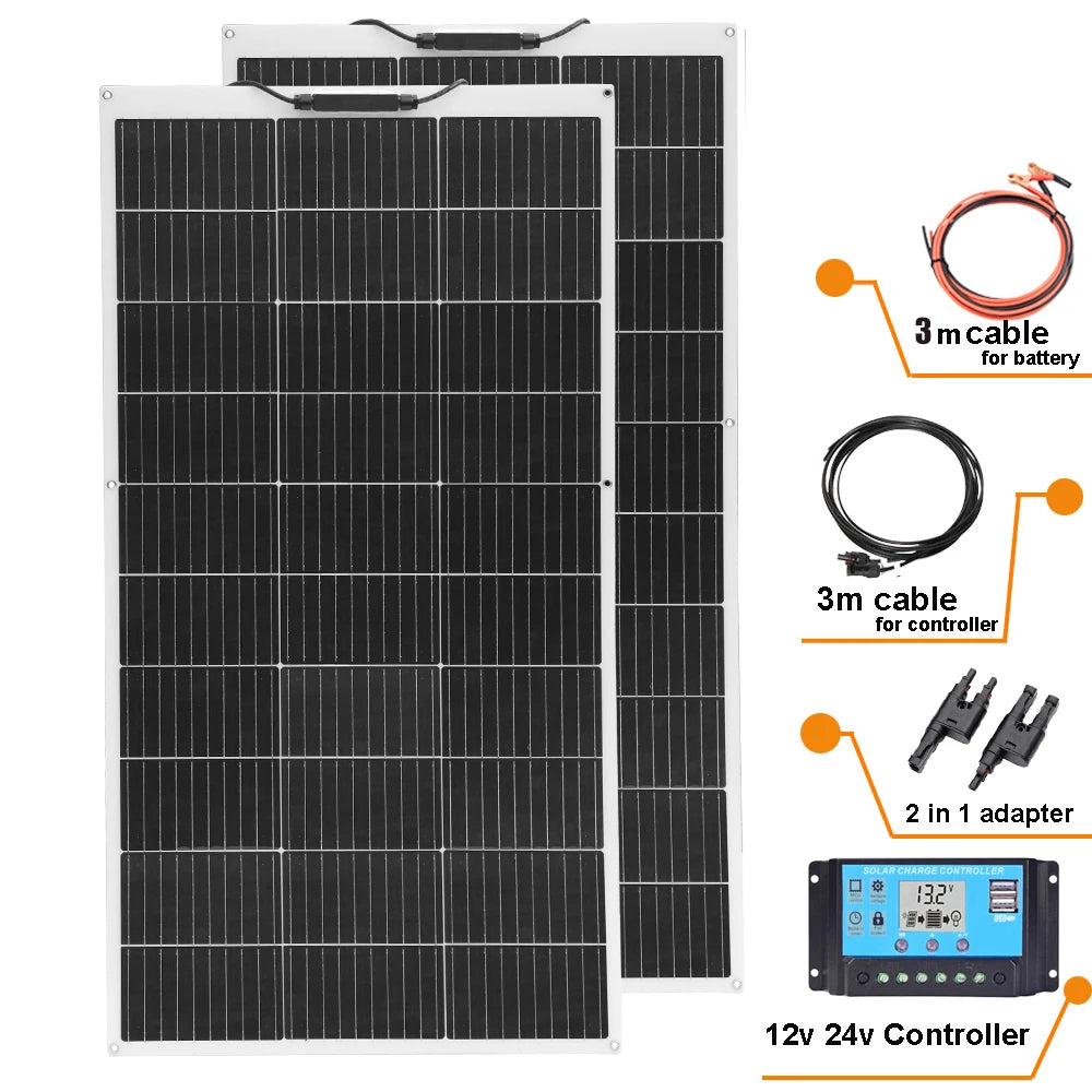 Solar Panel 300W 400W 200W 100W Flexible Monocrystalline Solar Cell Photovoltaic Solar Panels Kit 12V Battery Charger