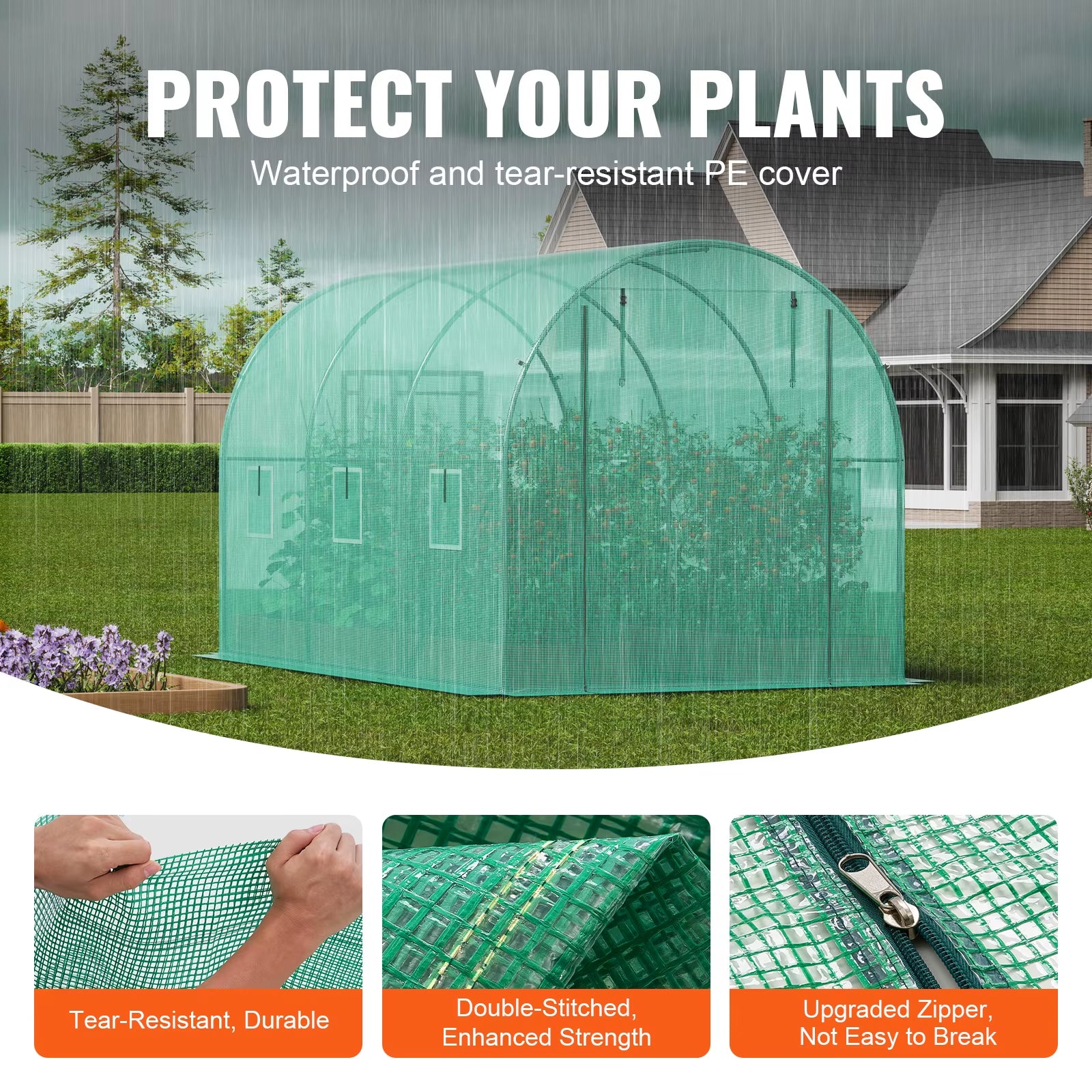 Walk-In Tunnel Greenhouse Hoop House Greenhouse Tunnel Plant Hot House with Steel Frame PE Cover Roll-Up Zipper Door