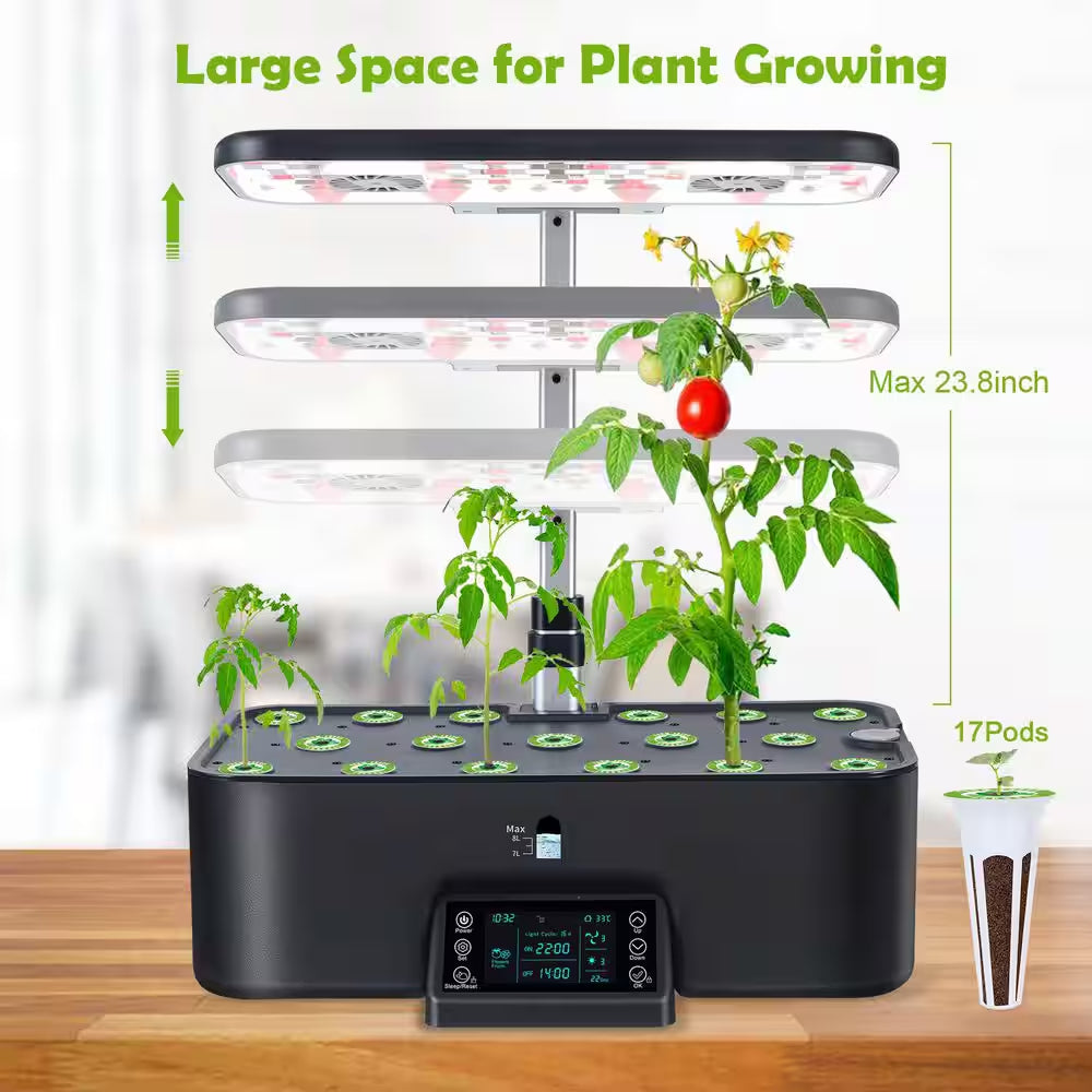 17 Pods Hydroponic Indoor Gardening System with Full Spectrum Grow Light, Smart LCD Control, Herb Planter, Black