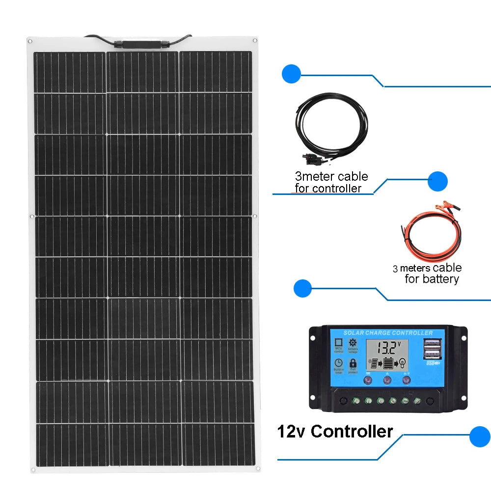 Solar Panel 300W 400W 200W 100W Flexible Monocrystalline Solar Cell Photovoltaic Solar Panels Kit 12V Battery Charger
