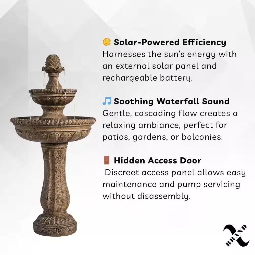 39 In. 2-Tier Outdoor Freestanding Solar Water Fountain - Classic Design, Sand Stone Resin Bird Bath with Pump