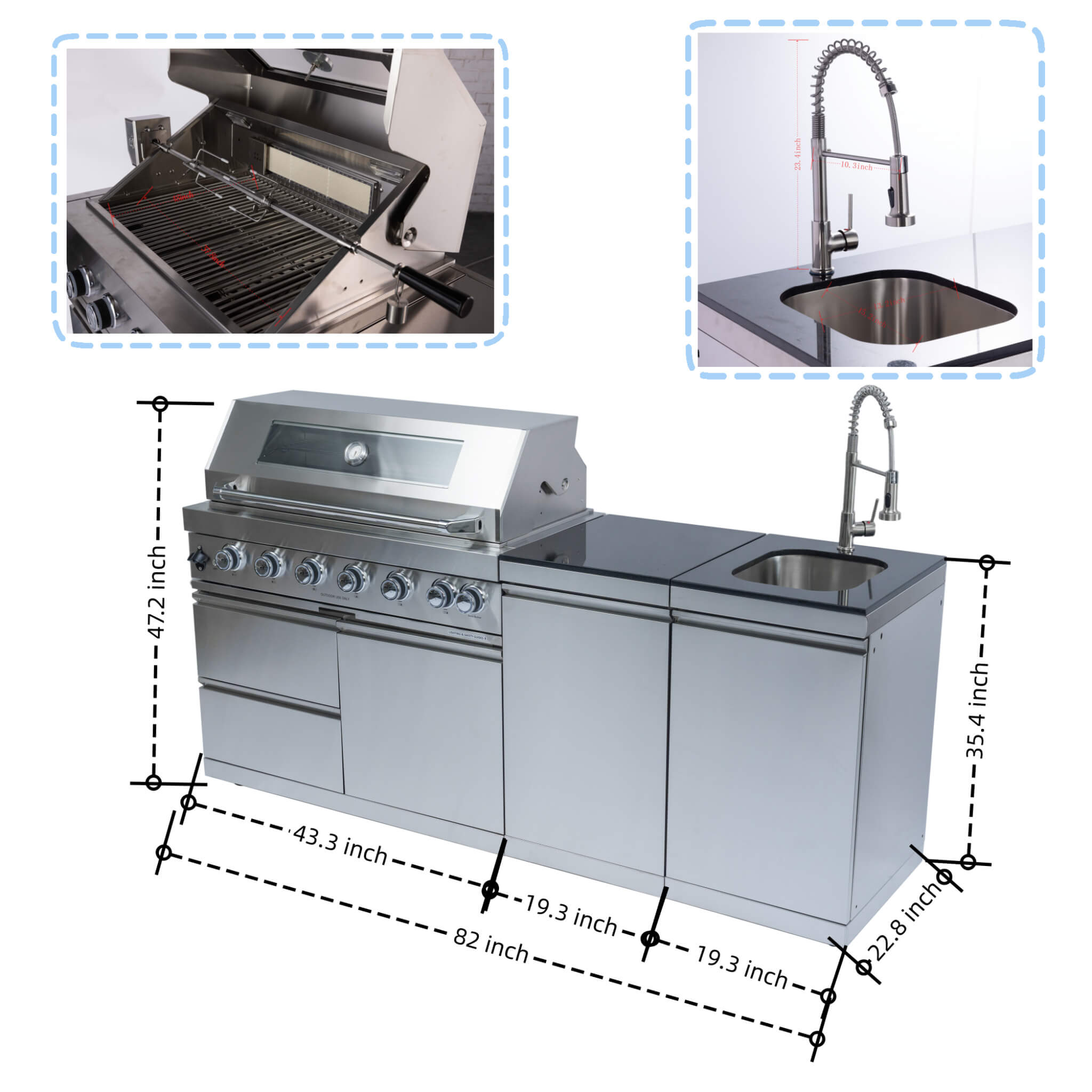 Castelle Flame Granite Outdoor BBQ Kitchen Island With 43-Inch 6-Burner Gas Grill, Rotisserie Kit, Cabinets, And Sink (SAK73518)