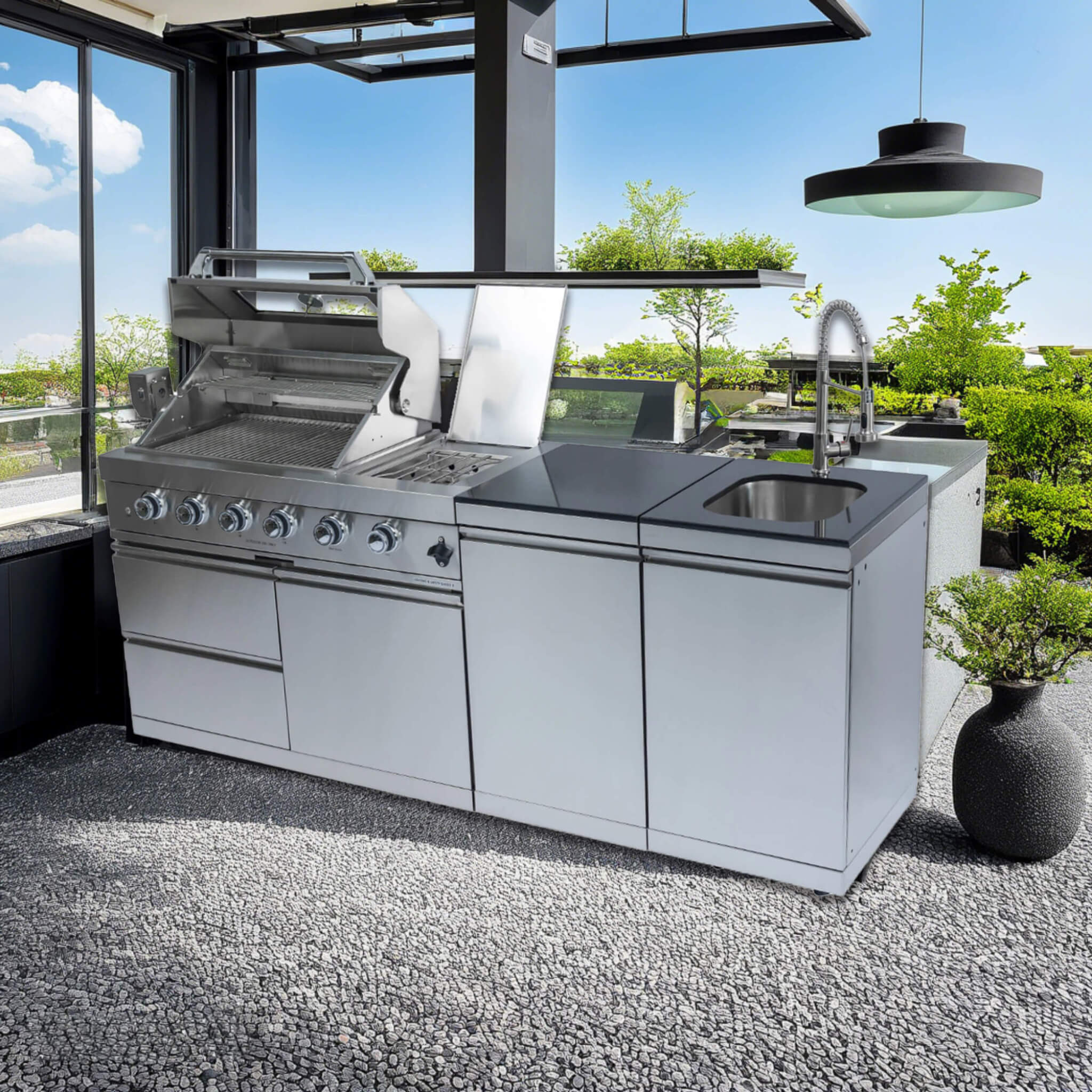 Castelle Flame Stainless Steel Outdoor BBQ Kitchen Island With 46-Inch 4-Burner 85K BTU Grill, Rotisserie Kit, And Cabinets (SAK93192)