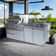 Castelle Flame Stainless Steel Outdoor BBQ Kitchen Island With 46-Inch 4-Burner 85K BTU Grill, Rotisserie Kit, And Cabinets (SAK93192)