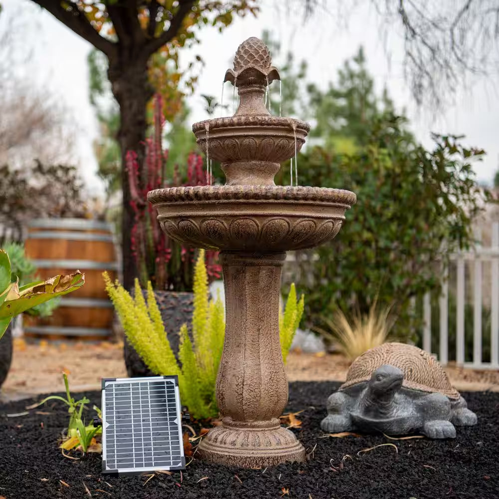 39 In. 2-Tier Outdoor Freestanding Solar Water Fountain - Classic Design, Sand Stone Resin Bird Bath with Pump