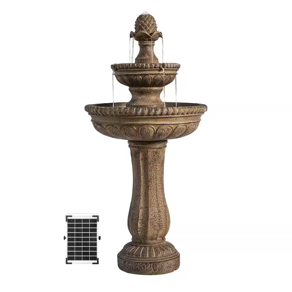 39 In. 2-Tier Outdoor Freestanding Solar Water Fountain - Classic Design, Sand Stone Resin Bird Bath with Pump