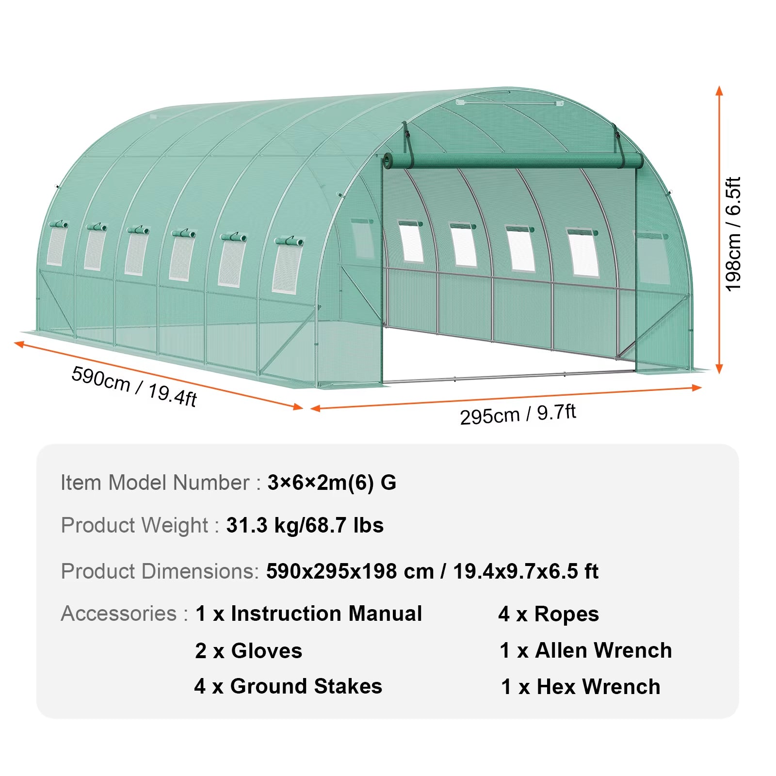 Walk-In Tunnel Greenhouse Hoop House Greenhouse Tunnel Plant Hot House with Steel Frame PE Cover Roll-Up Zipper Door