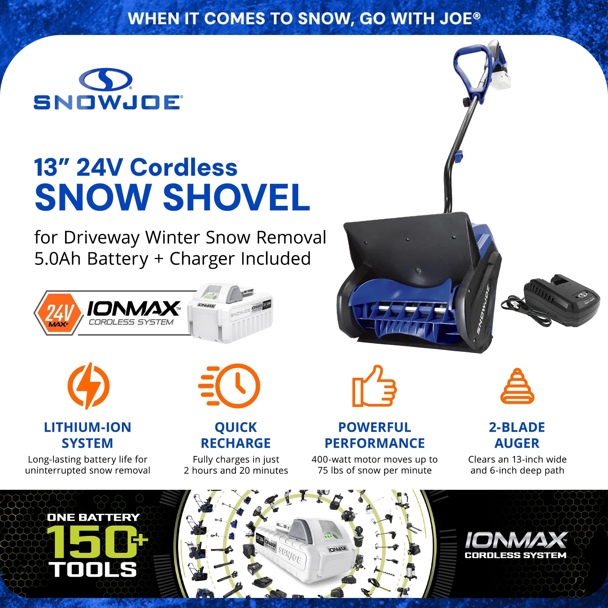 24V Cordless Snow Shovel Kit, Driveway Winter Snow Removal, Blue, 24V-SS13-XR