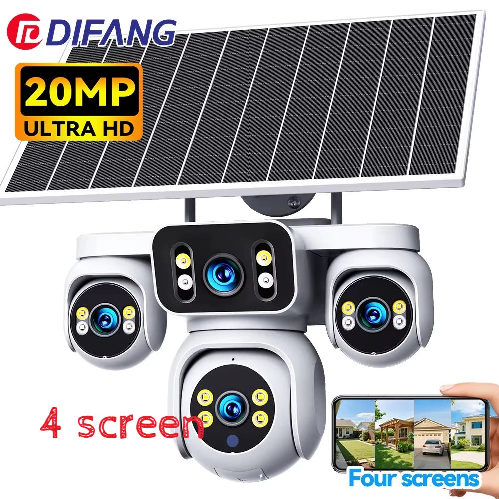 DIFANG 4 Screens AOV Wireless Solar Surveillance Camera 12X Zoom 24/7 Record Solar CCTV 20MP 20W 4G Sim Card Solar IP Cam