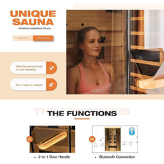Luxury 2-Person Low EMF FAR Infrared Heat Wood Home Personal Spa Sauna W/ Panoramic Tempered Glass, 2000W (SAK27481)