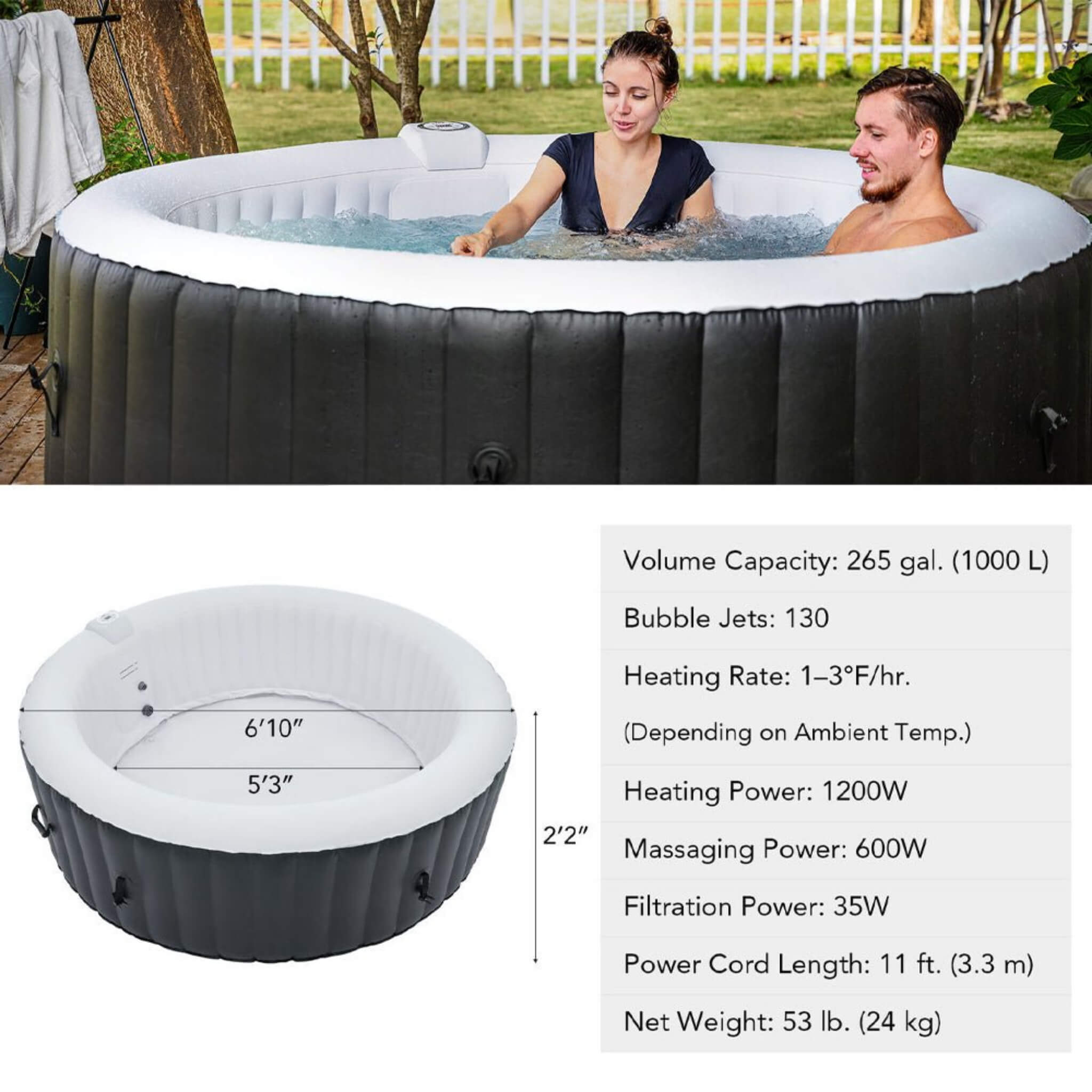 Premium Blow Up 6 Person Sauna Pool Hot Tub With 130 Jets, 7FT (SAK63510)